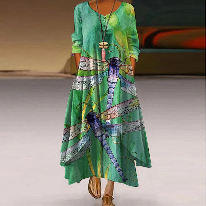 š„šDescuento del 50% por tiempo limitadošĀ”Novedad! Vestido estampado de manga larga y largo para mujer, con falda irregular y amplia, que luce una belleza elegante y dinĆ”mica.ćS-5XLć