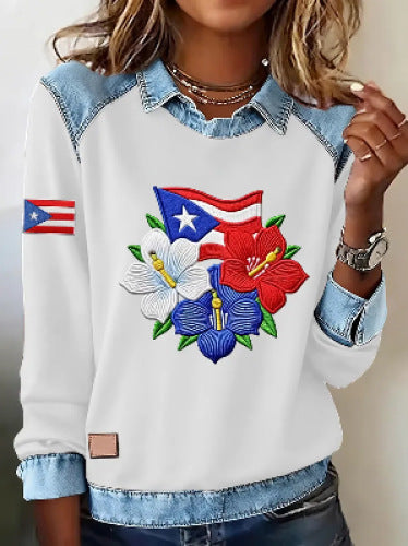 【S-5XL】👕Camisa vaquera con capucha y patchwork para mujer,el diseño de patchwork muestra un gusto único.