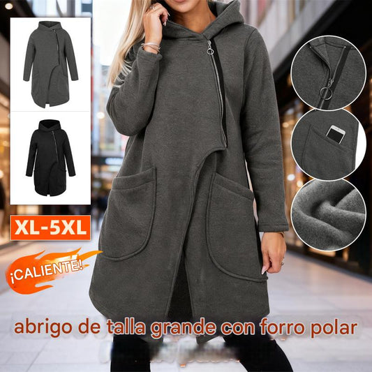 🔥【XL-5XL】Cuello alto, cierre lateral con cremallera, capucha, forro polar, abrigo de corte irregular