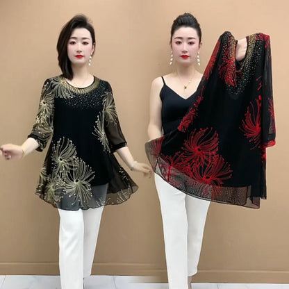 🔥✨️【S-5XL】Nuevo para otoño, top de malla estampada de moda con cuello redondo