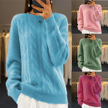 🌸[S-XL] 2025 nuevo suéter de punto trenzado retro de color sólido con cuello redondo