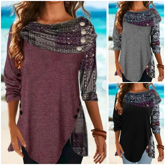 【S-3XL】¡Novedad! Camisa de algodón de manga larga para mujer con cuello plisado y estampado bicolor.