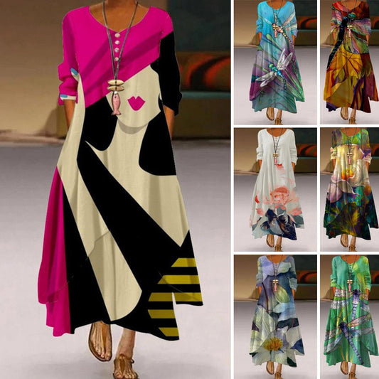 🔥💃Descuento del 50% por tiempo limitado🎉¡Novedad! Vestido estampado de manga larga y largo para mujer, con falda irregular y amplia, que luce una belleza elegante y dinámica.【S-5XL】