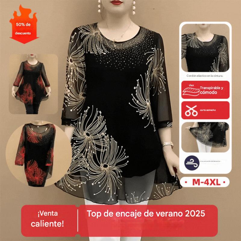 🔥✨️【S-5XL】Nuevo para otoño, top de malla estampada de moda con cuello redondo