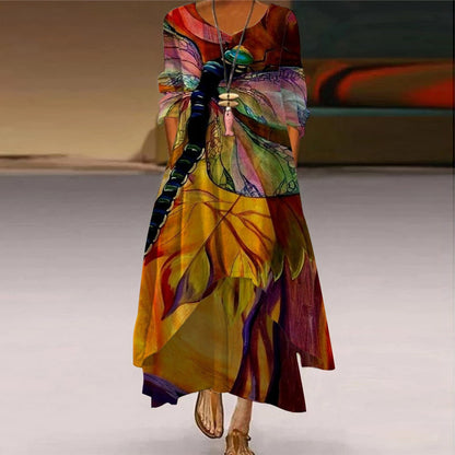 🔥💃Descuento del 50% por tiempo limitado🎉¡Novedad! Vestido estampado de manga larga y largo para mujer, con falda irregular y amplia, que luce una belleza elegante y dinámica.【S-5XL】