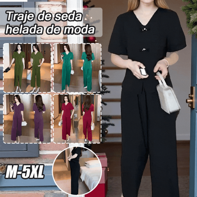 🔥【50% de descuento】🌸【Top + Pantalones anchos】Traje de seda helada de moda