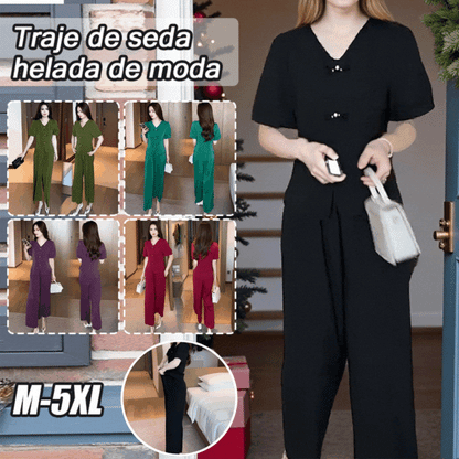 🔥【50% de descuento】🌸【Top + Pantalones anchos】Traje de seda helada de moda