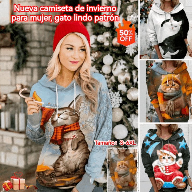 🐱【S-6XL】Nueva camiseta de invierno para mujer, lindo estampado de gato