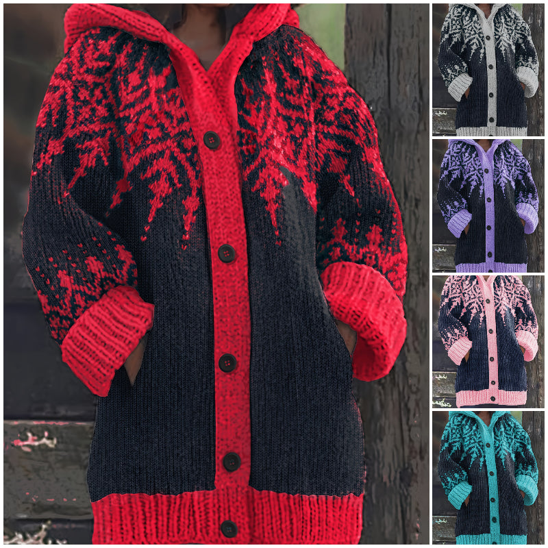 【S~5XL】❄Elegante chaqueta retro con capucha y bloques de color con diseño de copos de nieve.