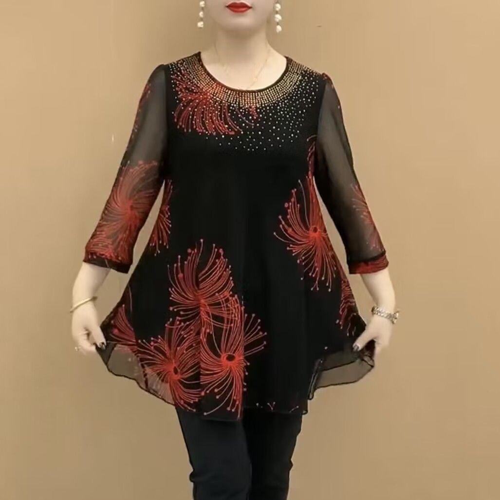 🔥✨️【S-5XL】Nuevo para otoño, top de malla estampada de moda con cuello redondo