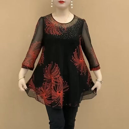 🔥✨️【S-5XL】Nuevo para otoño, top de malla estampada de moda con cuello redondo