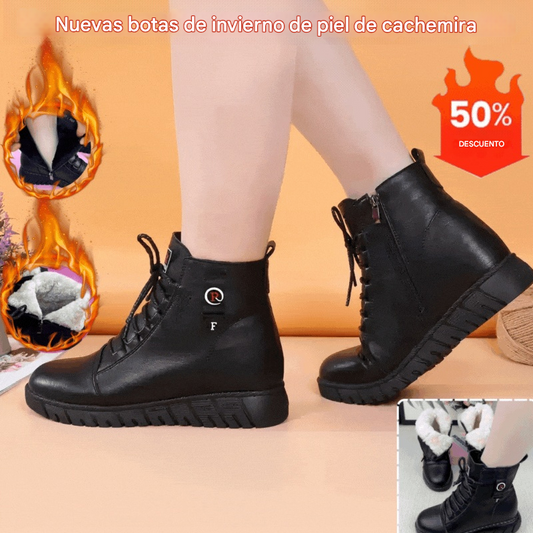 💥【35-40】Estas nuevas botas de invierno están hechas de cachemira y cuero, con un forro de algodón grueso e impermeable.