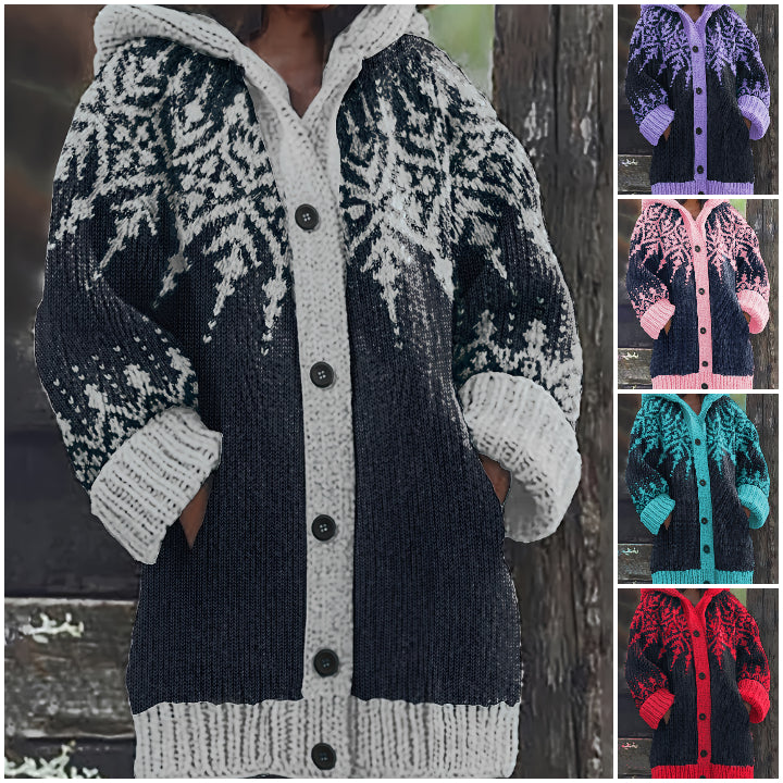 【S~5XL】❄Elegante chaqueta retro con capucha y bloques de color con diseño de copos de nieve.