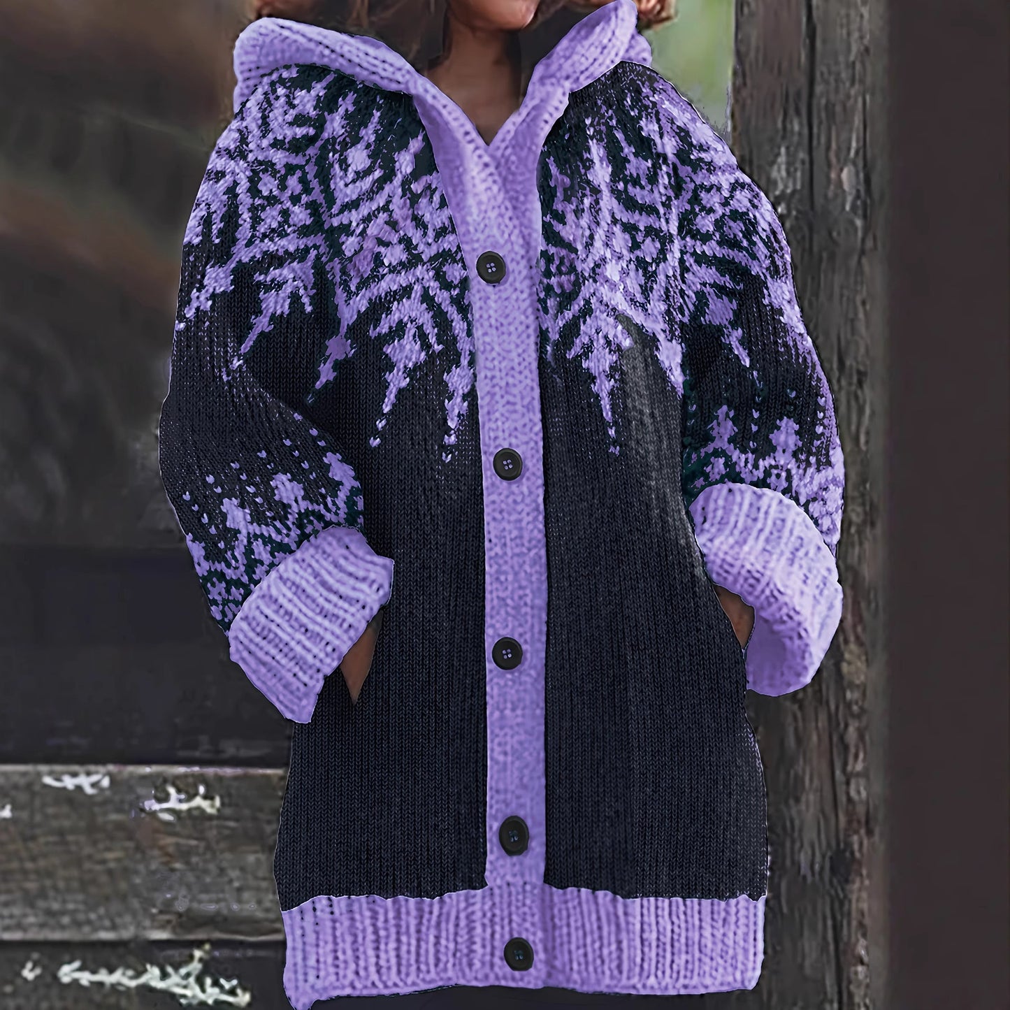 【S~5XL】❄Elegante chaqueta retro con capucha y bloques de color con diseño de copos de nieve.