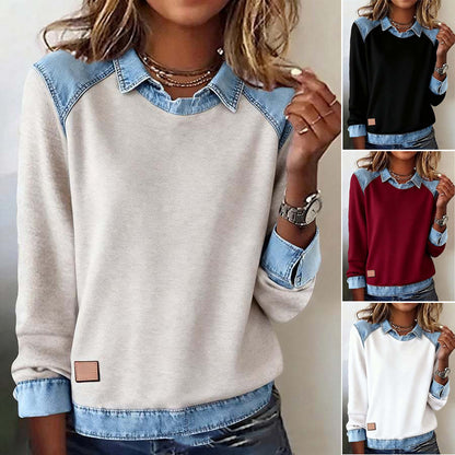 🔥🌞Nueva camiseta vaquera de patchwork de moda de invierno