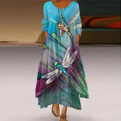 🔥💃Descuento del 50% por tiempo limitado🎉¡Novedad! Vestido estampado de manga larga y largo para mujer, con falda irregular y amplia, que luce una belleza elegante y dinámica.【S-5XL】