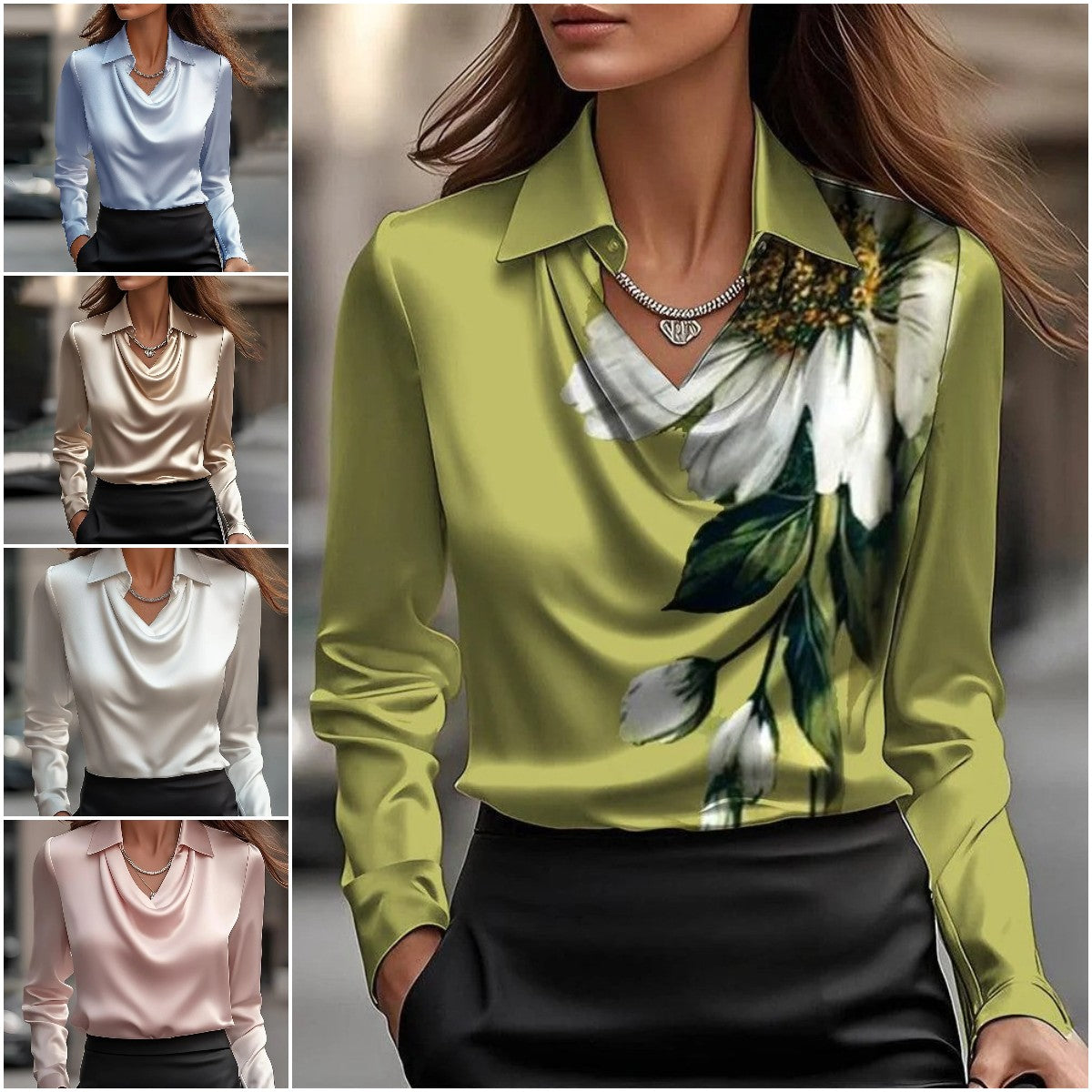 🔥【Nueva moda de otoño e invierno】✨Camisa de solapa estampada de color sólido para mujer