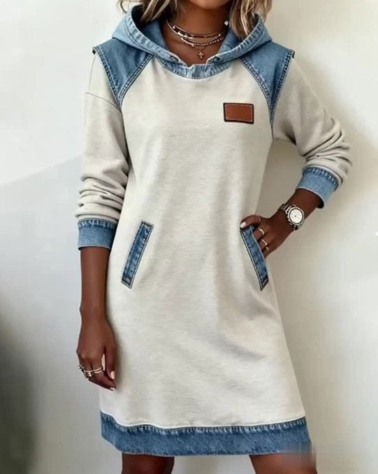 🌷50% de descuento🌞Novedad de invierno: vestido vaquero de patchwork con capucha a la última moda.