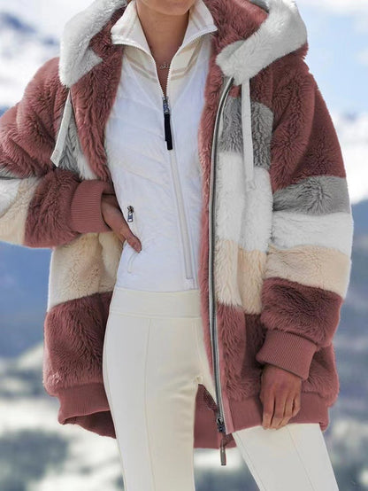 🔥¡Aprovecha el 50% de descuento durante el periodo de la oferta!💥☃️❄️Nueva chaqueta de mujer confeccionada en forro polar grueso con rayas y contrastes de color.
