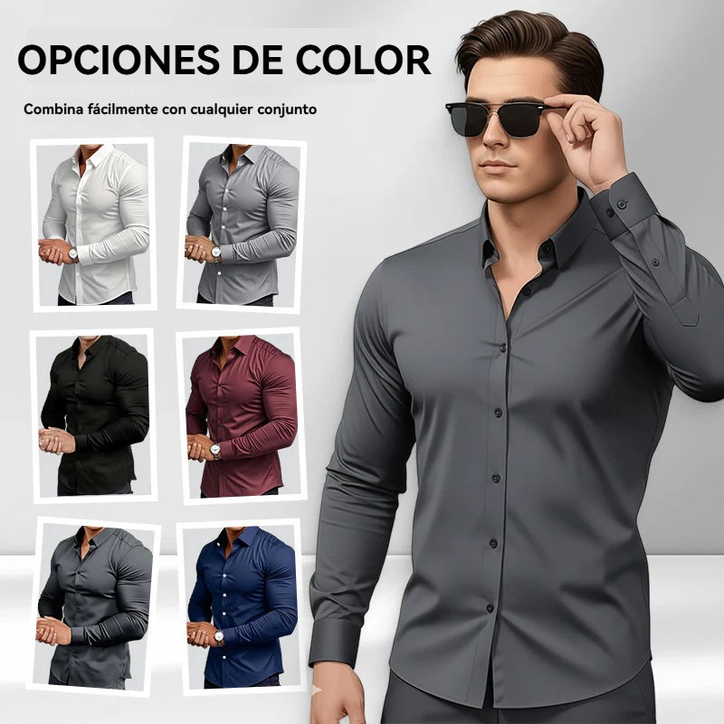 🔥Venta caliente🔥【S-3XL】Camisa de hombre color liso con cuello y manga larga con botones.