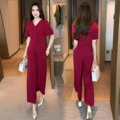 🔥【50% de descuento】🌸【Top + Pantalones anchos】Traje de seda helada de moda