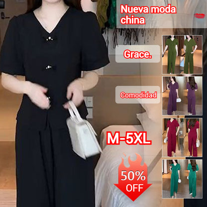 🔥【50% de descuento】🌸【Top + Pantalones anchos】Traje de seda helada de moda