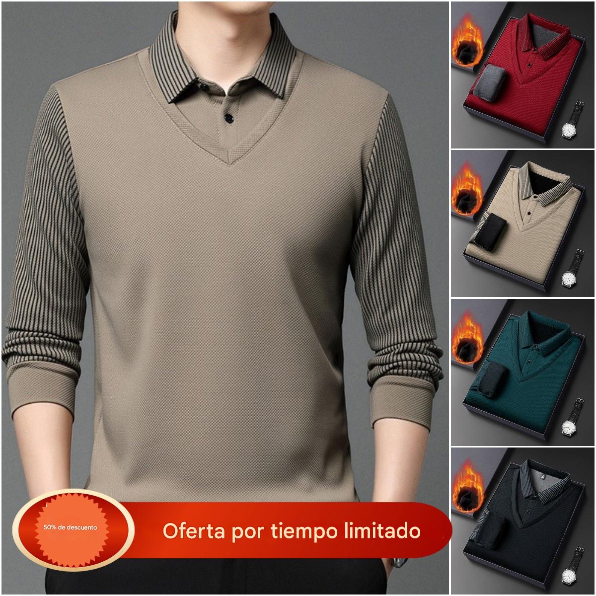 🔥【M-4XL】👕 Camiseta de manga larga holgada para hombre, talla grande – Diseño bicolor a rayas con cuello