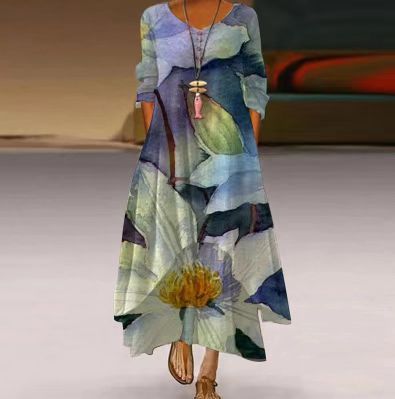 🔥💃Descuento del 50% por tiempo limitado🎉¡Novedad! Vestido estampado de manga larga y largo para mujer, con falda irregular y amplia, que luce una belleza elegante y dinámica.【S-5XL】