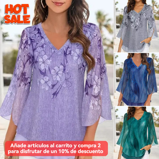 🔥【50% de descuento】🔥Nueva blusa holgada con mangas acampanadas para mujer