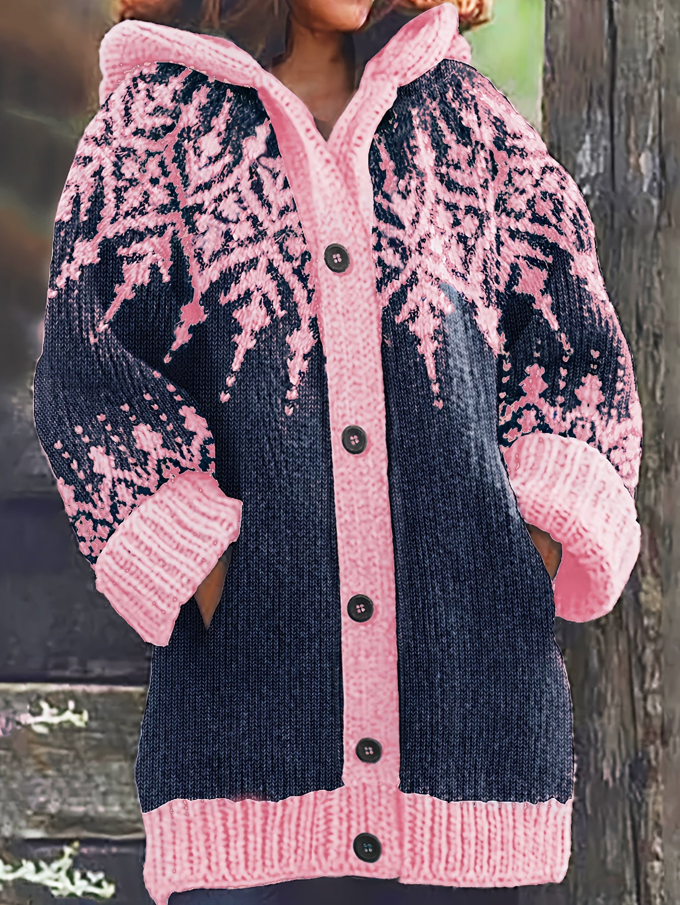 【S~5XL】❄Elegante chaqueta retro con capucha y bloques de color con diseño de copos de nieve.