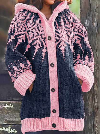 【S~5XL】❄Elegante chaqueta retro con capucha y bloques de color con diseño de copos de nieve.