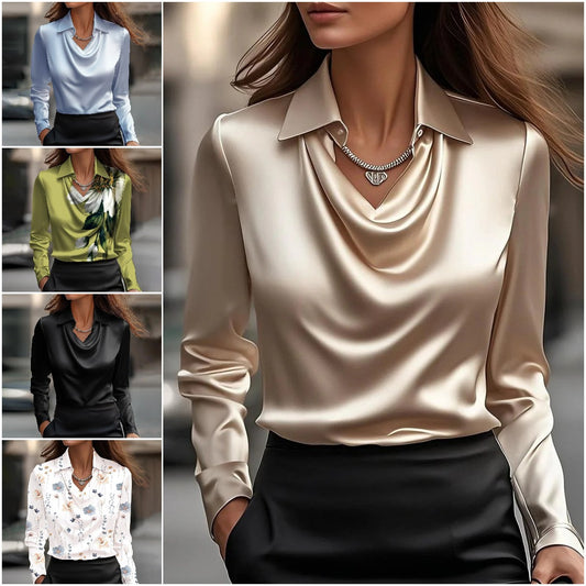 🔥【Nueva moda de otoño e invierno】✨Camisa de solapa estampada de color sólido para mujer