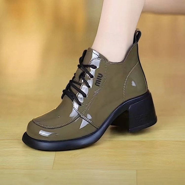 【35-40】 Νέα γυναικεία δερμάτινα παπούτσια για την άνοιξη Μπότες μόδας με χοντρό κάτω μέρος με ψηλά τακούνια