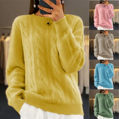 🌸[S-XL] 2025 nuevo suéter de punto trenzado retro de color sólido con cuello redondo