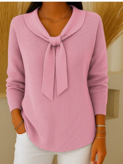 【S~2XL】Suéter de manga larga con lazo de color liso para mujer, casual y holgado