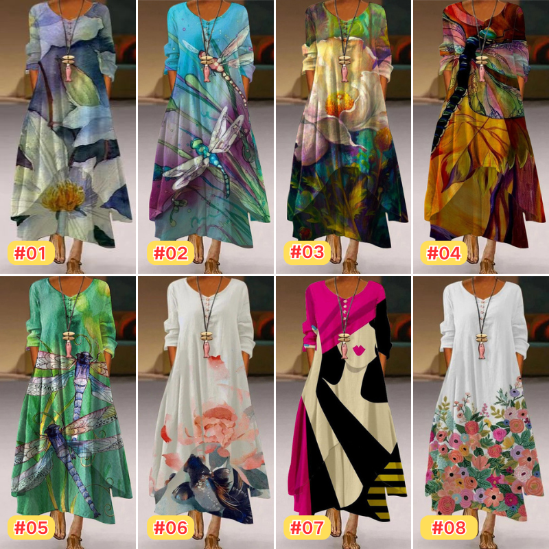 🔥💃Descuento del 50% por tiempo limitado🎉¡Novedad! Vestido estampado de manga larga y largo para mujer, con falda irregular y amplia, que luce una belleza elegante y dinámica.【S-5XL】