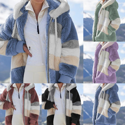 🔥¡Aprovecha el 50% de descuento durante el periodo de la oferta!💥☃️❄️Nueva chaqueta de mujer confeccionada en forro polar grueso con rayas y contrastes de color.