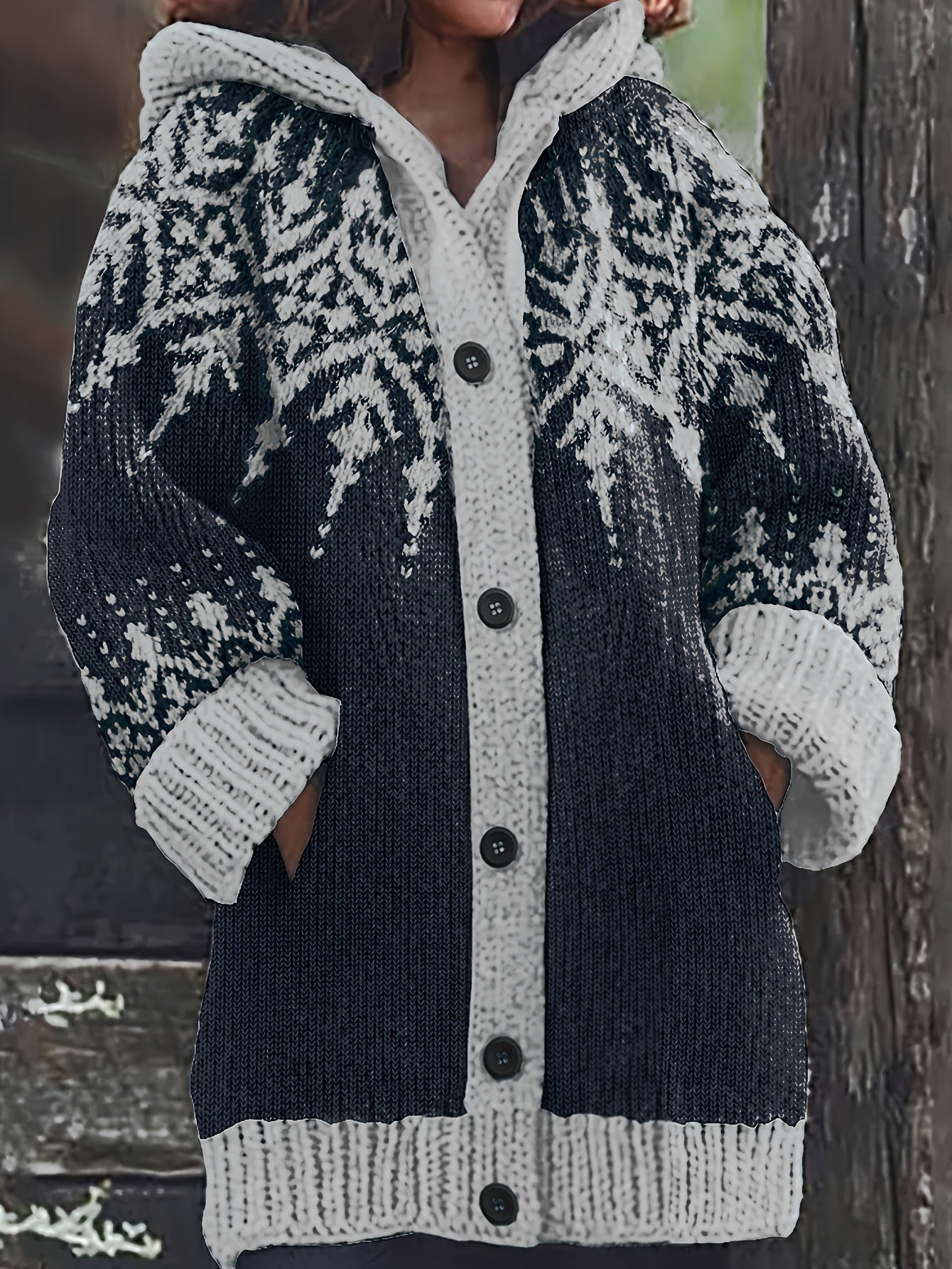 【S~5XL】❄Elegante chaqueta retro con capucha y bloques de color con diseño de copos de nieve.