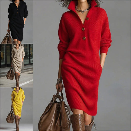 🔥【Tallas S-3XL】Nuevo vestido de punto con cuello, estilo europeo y americano, colección 2025