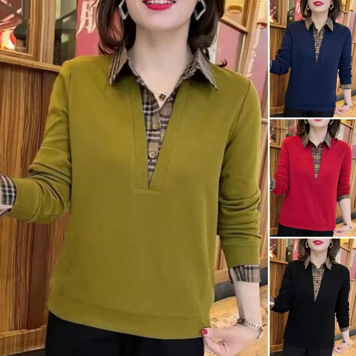 🔥❤️【50-100kg】Nueva camisa de mujer de otoño con cuello a cuadros.