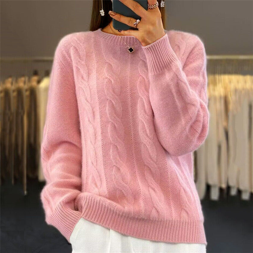 🌸[S-XL] 2025 nuevo suéter de punto trenzado retro de color sólido con cuello redondo