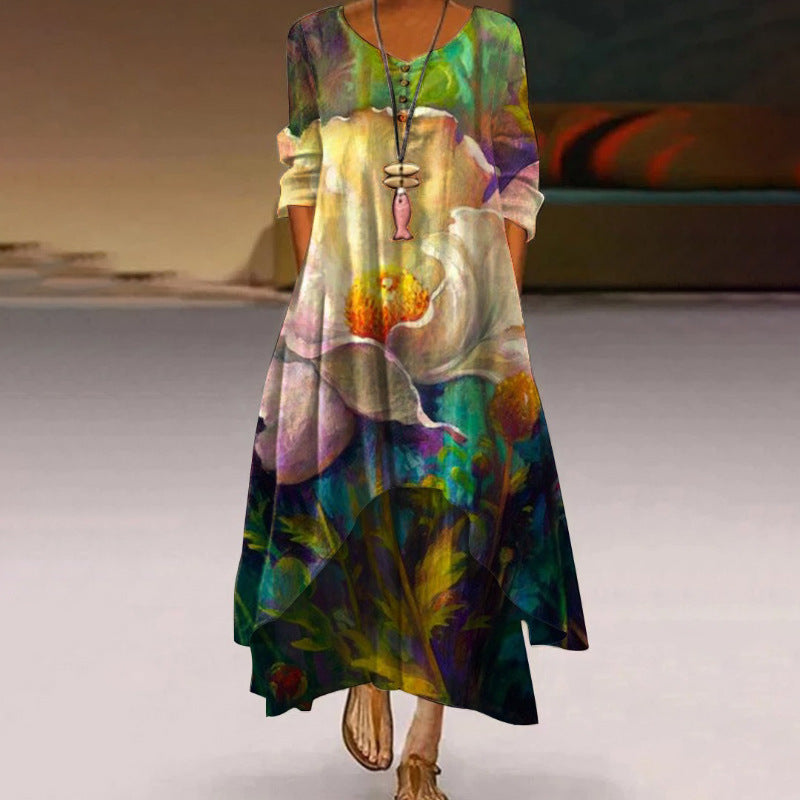 🔥💃Descuento del 50% por tiempo limitado🎉¡Novedad! Vestido estampado de manga larga y largo para mujer, con falda irregular y amplia, que luce una belleza elegante y dinámica.【S-5XL】