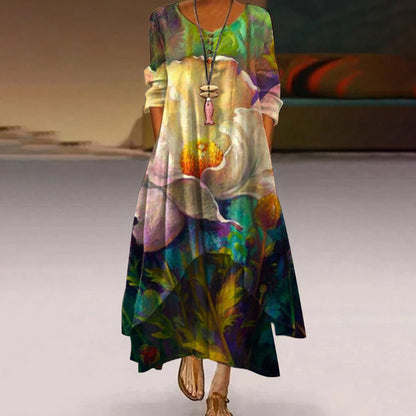 🔥💃Descuento del 50% por tiempo limitado🎉¡Novedad! Vestido estampado de manga larga y largo para mujer, con falda irregular y amplia, que luce una belleza elegante y dinámica.【S-5XL】