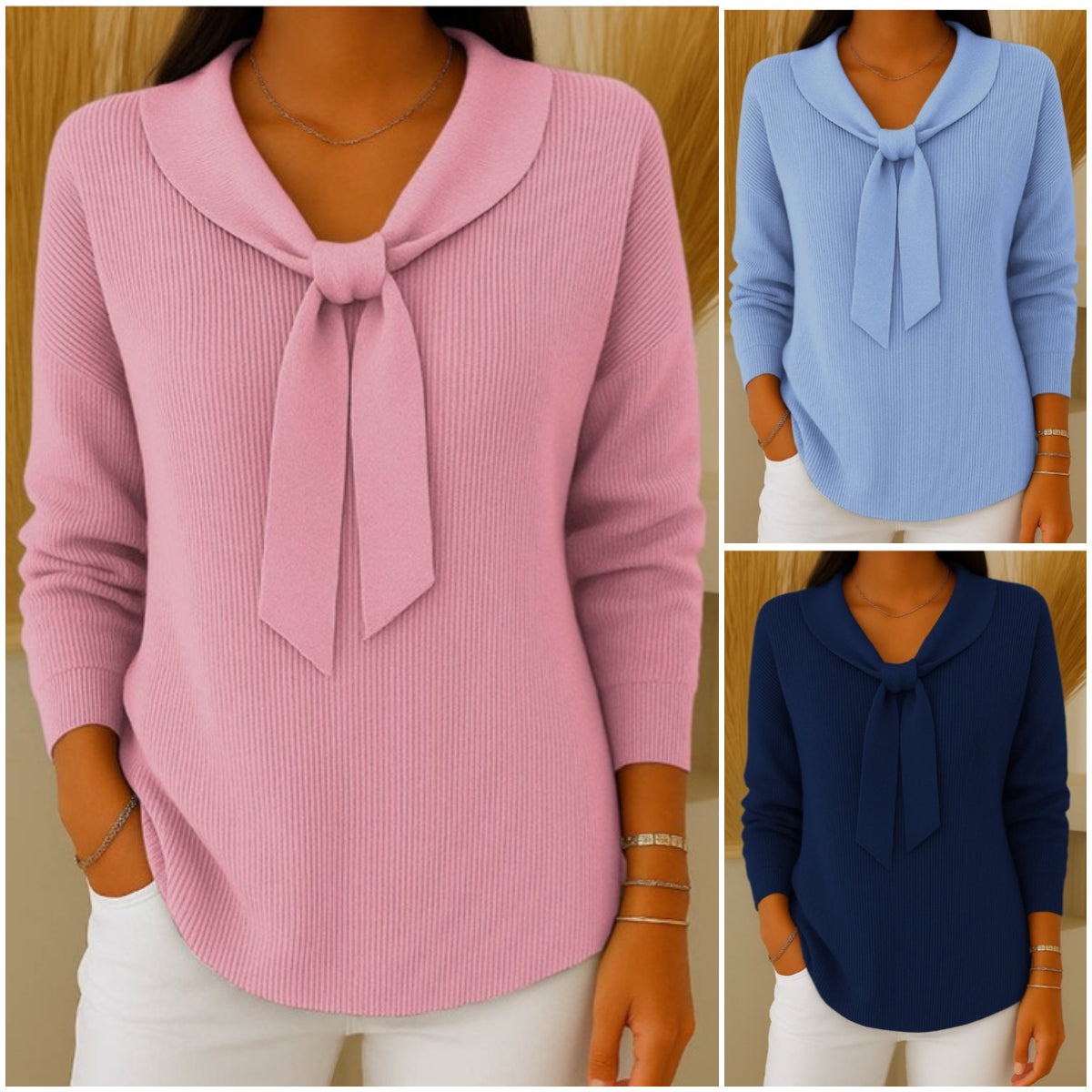 【S~2XL】Suéter de manga larga con lazo de color liso para mujer, casual y holgado