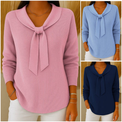 【S~2XL】Suéter de manga larga con lazo de color liso para mujer, casual y holgado