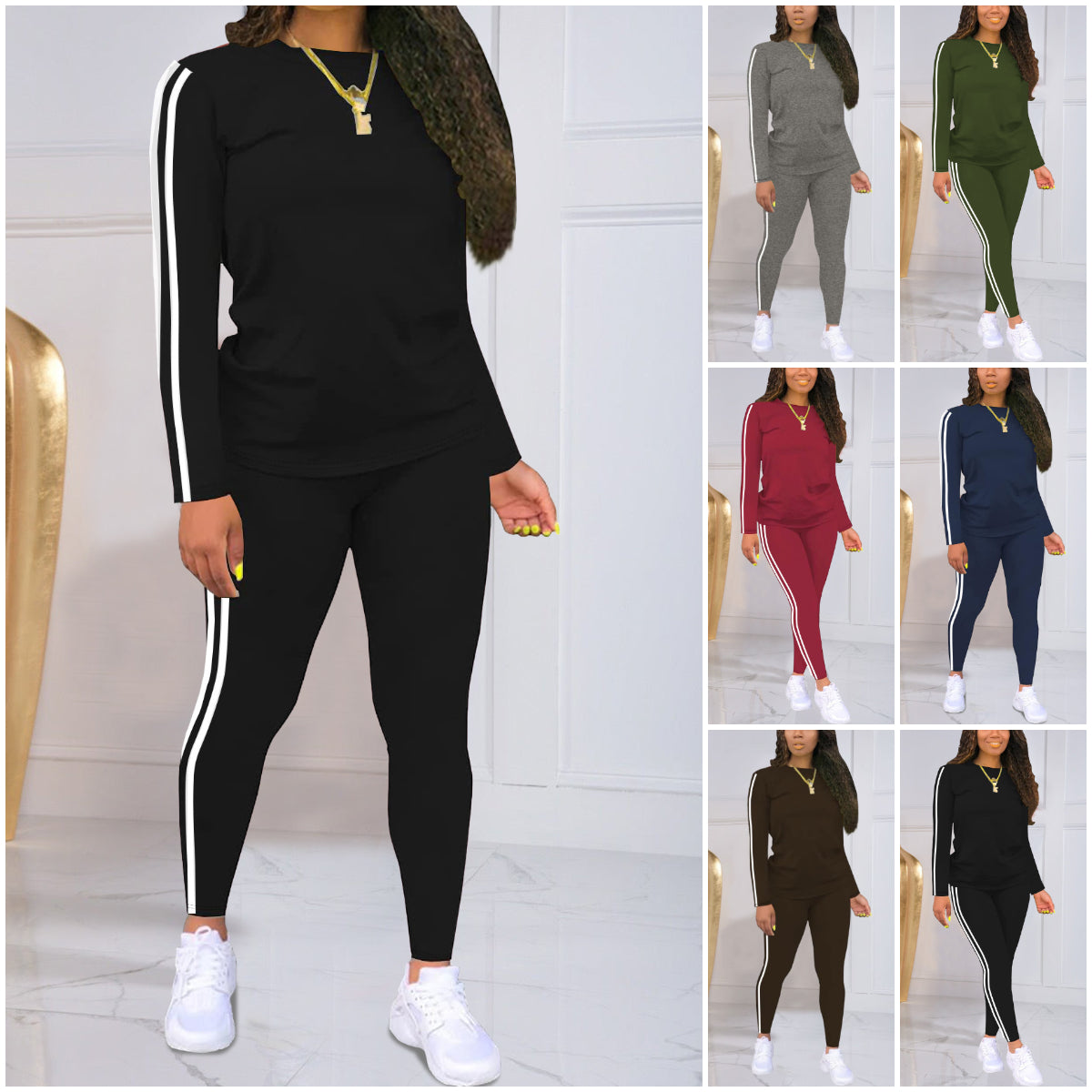 🍁🍂 【40-90KG】Conjunto de dos piezas a rayas para mujer, compuesto por una camiseta de manga larga y un pantalón. Casual, elegante y cómodo, es ideal para actividades diarias al aire libre.