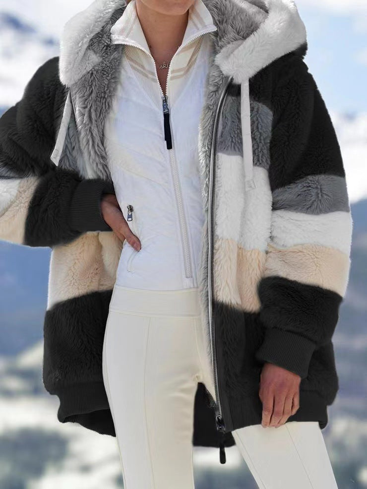 🔥¡Aprovecha el 50% de descuento durante el periodo de la oferta!💥☃️❄️Nueva chaqueta de mujer confeccionada en forro polar grueso con rayas y contrastes de color.