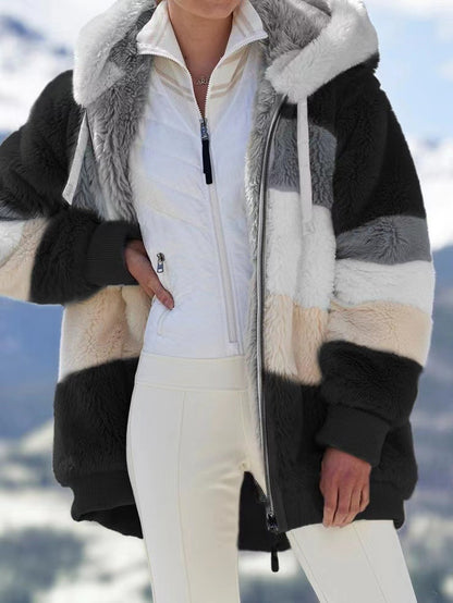 🔥¡Aprovecha el 50% de descuento durante el periodo de la oferta!💥☃️❄️Nueva chaqueta de mujer confeccionada en forro polar grueso con rayas y contrastes de color.