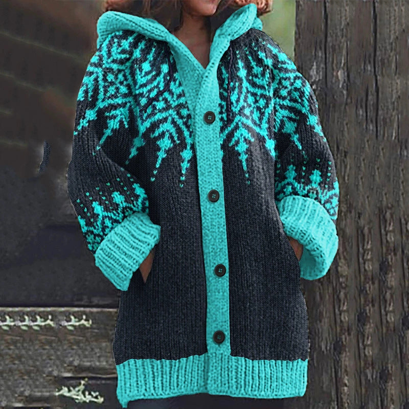 【S~5XL】❄Elegante chaqueta retro con capucha y bloques de color con diseño de copos de nieve.