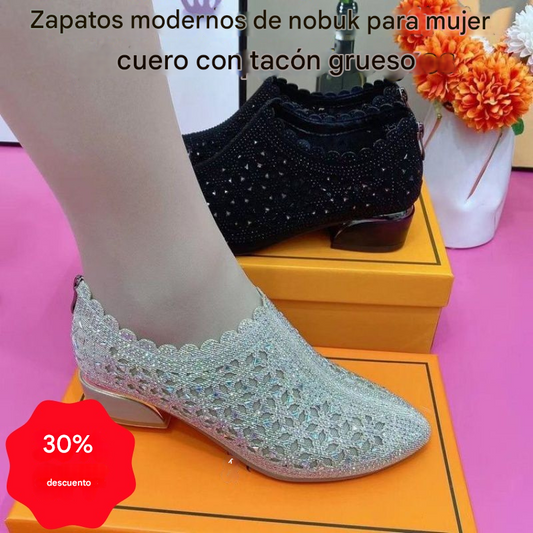 【35-41】Nuevos zapatos de mujer de piel nabuk con tacones huecos y gruesos, modelo 2025 (altura del tacón 3 cm)